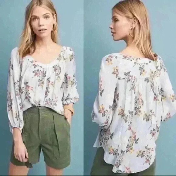 Anthropologie Maeve Boswell Womens 0P Floral Stripe Top Blue Multi 3/4 Sleeve - Picture 1 of 7